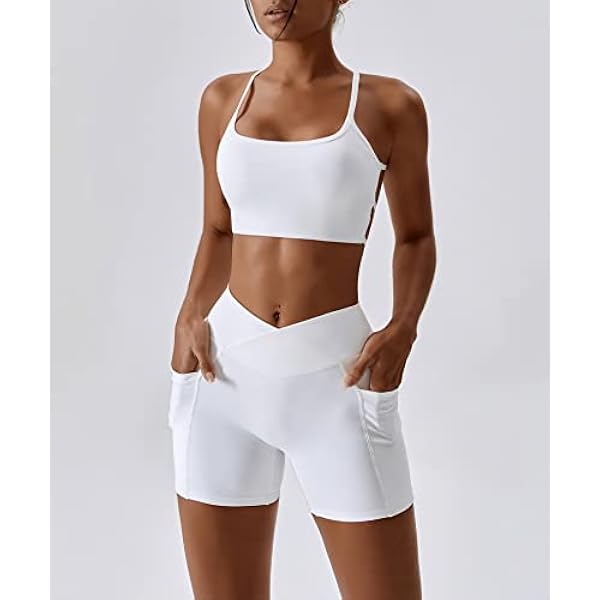 IDOPIP Donna Palestra 2 Pezzi Set Buttery Morbido Croce Indietro Reggiseno Sportivo Traversa Traversa Pantaloncini A Vita Alta con Tasca Yoga Allenamento Outftis Sportswear